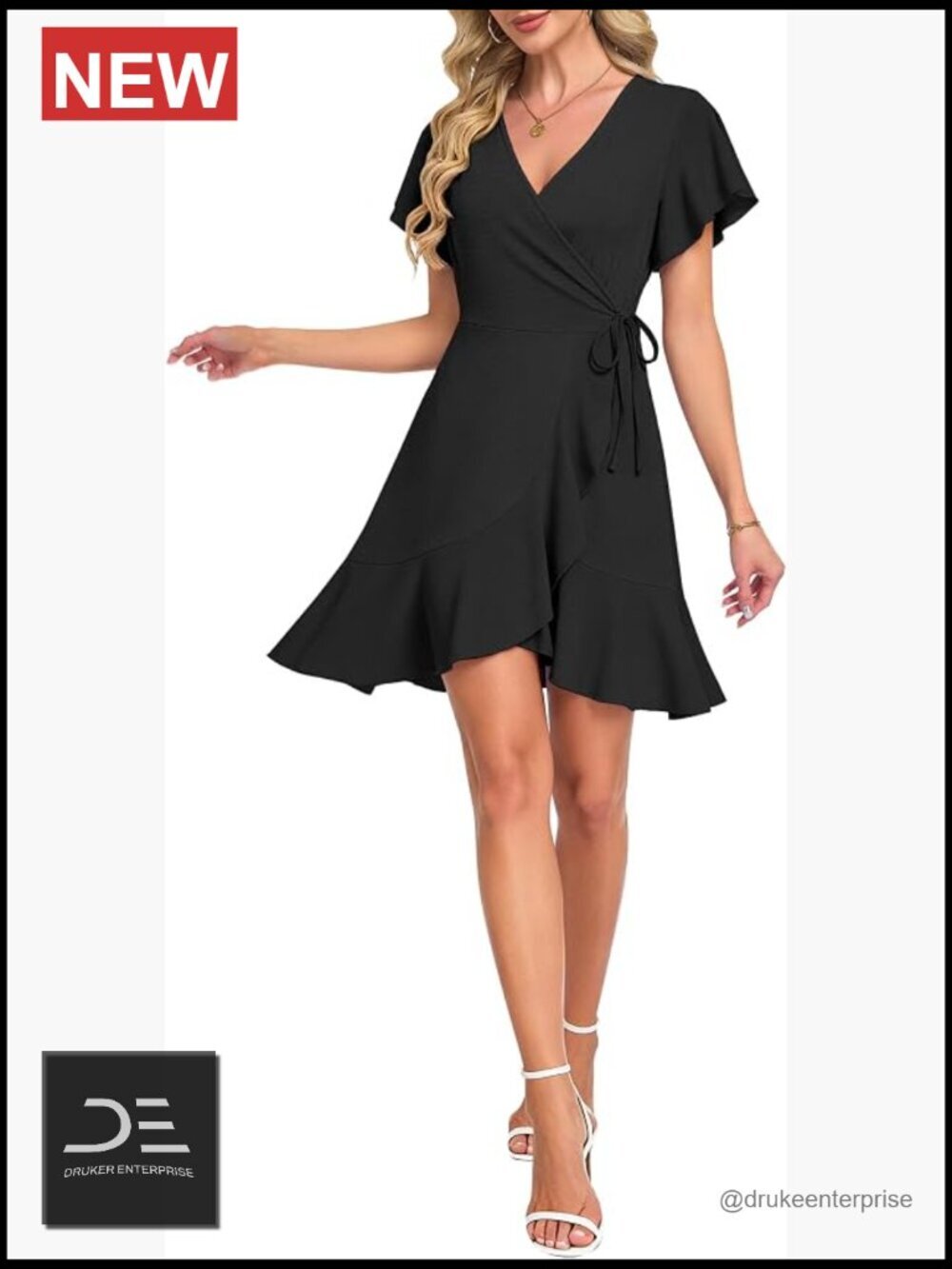 Mini Wrap Dress with Flutter Sleeves Courty V-Neck Flowy Ruffle Summer Dress